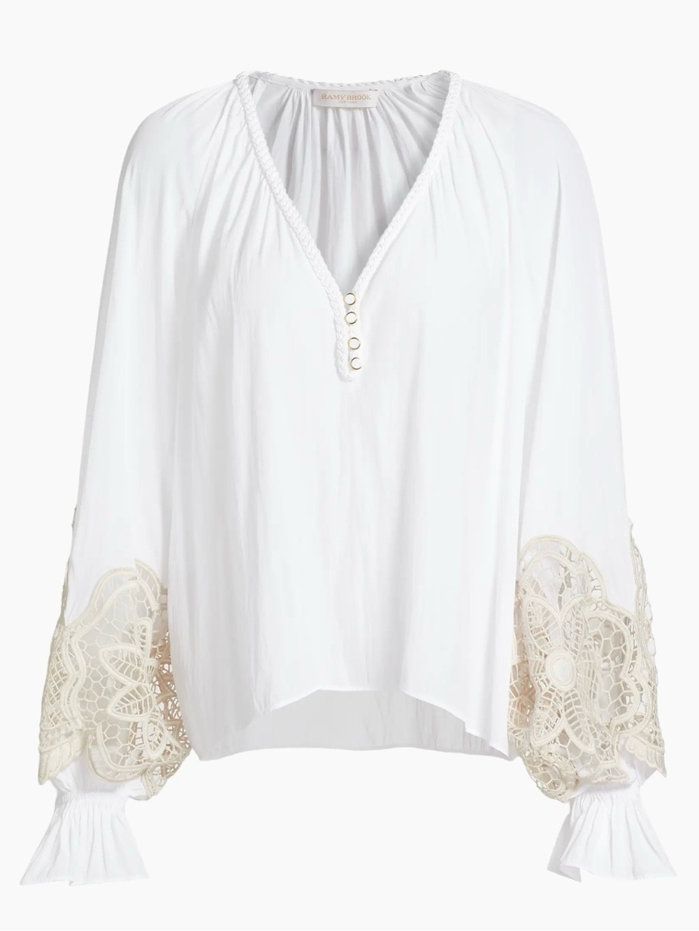 NWT Ramy Brook Adelaide Lace-Trimmed Long-Sleeve Top